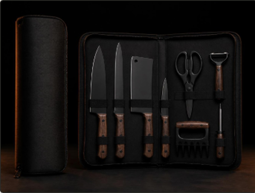 Kit churrasco Anguschurras completo: estojo preto aberto com as 8 peças de acabamento preto e cabos de madeira