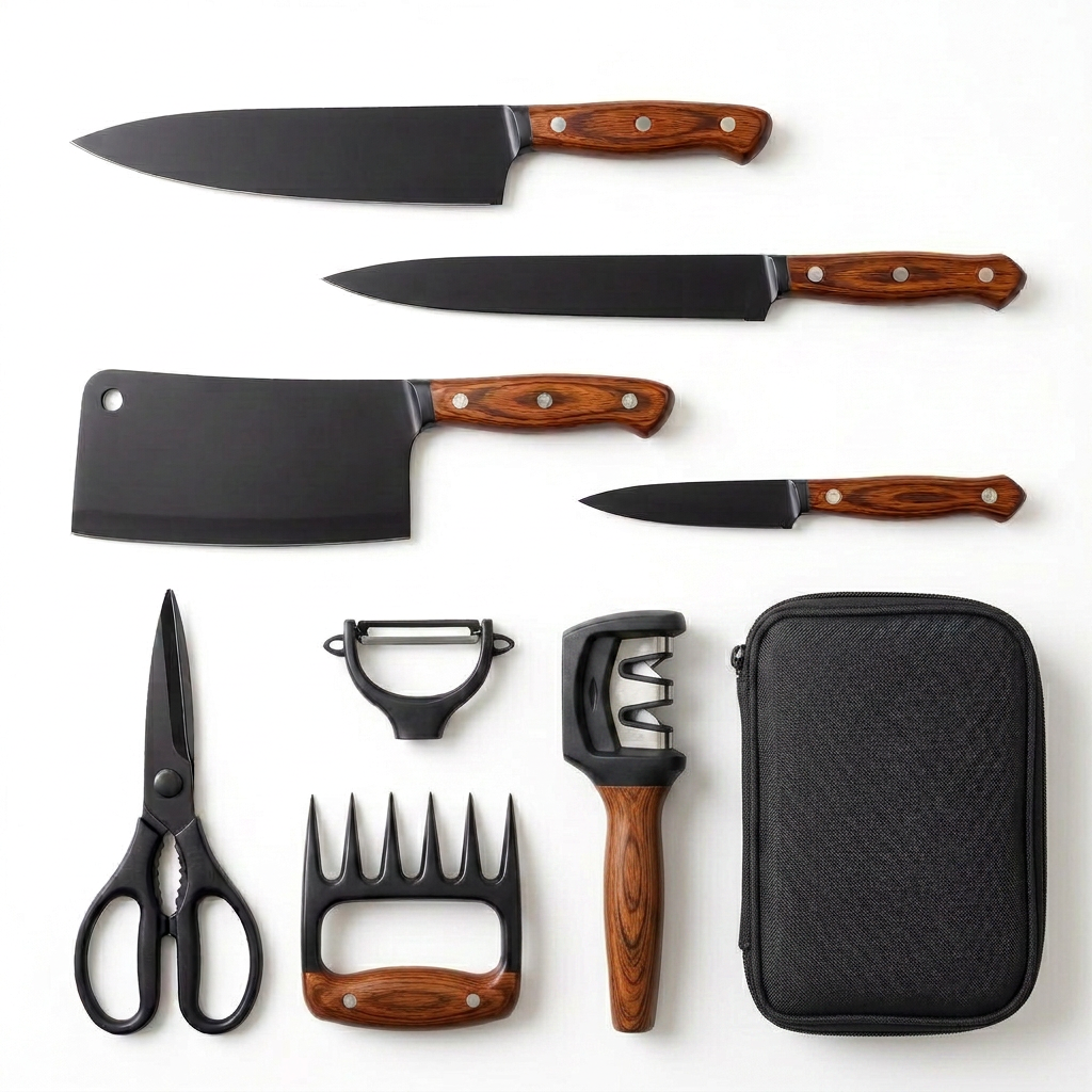 Kit churrasco Anguschurras completo com facas, tesoura, garra, descascador, afiador e estojo